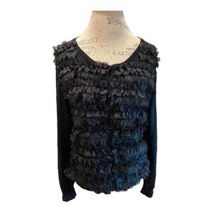 Once Again Black Faux Fur & Ruffle Button-Up Knit Cardigan Sweater Women's Sz XL